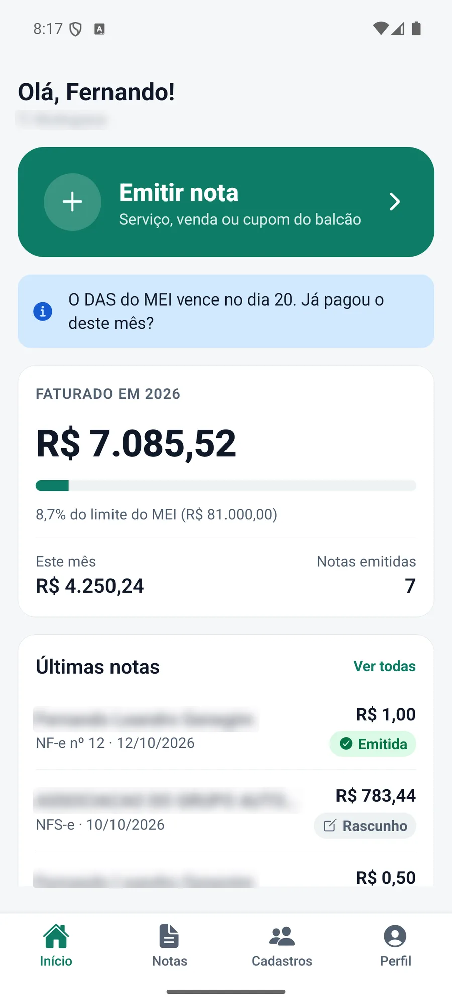 Tela inicial do MEI Se: botão Emitir nota, aviso do DAS, faturamento do ano com a barra do limite do MEI e últimas notas.