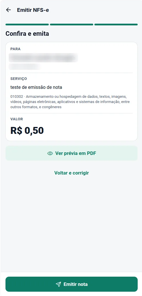 Último passo da nota de serviço: cliente, serviço e valor para conferir antes de emitir.