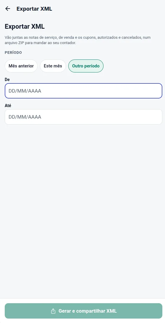 Tela Exportar XML: escolha do período e botão para gerar e compartilhar o arquivo.