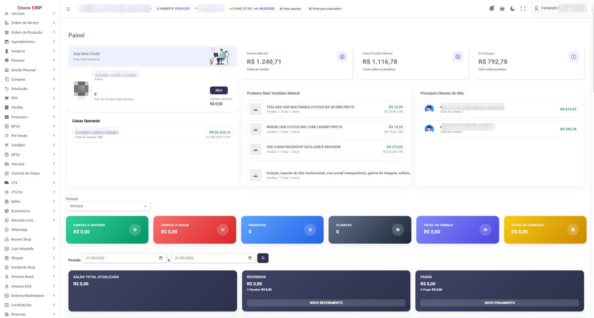 Painel do SE Cloud: receita e custo do mês, produtos mais vendidos, caixas operando e contas a pagar e receber, com o menu de módulos à esquerda.