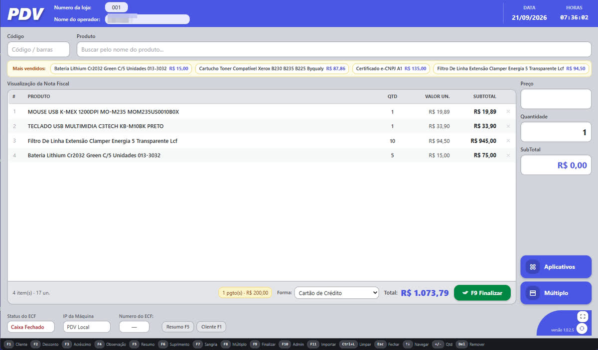 PDV Desktop do SE Cloud mostrando o cupom aberto com quatro produtos, quantidade, valor unitário e subtotal, forma de pagamento, total da venda e os atalhos de F1 a F11 no rodapé.