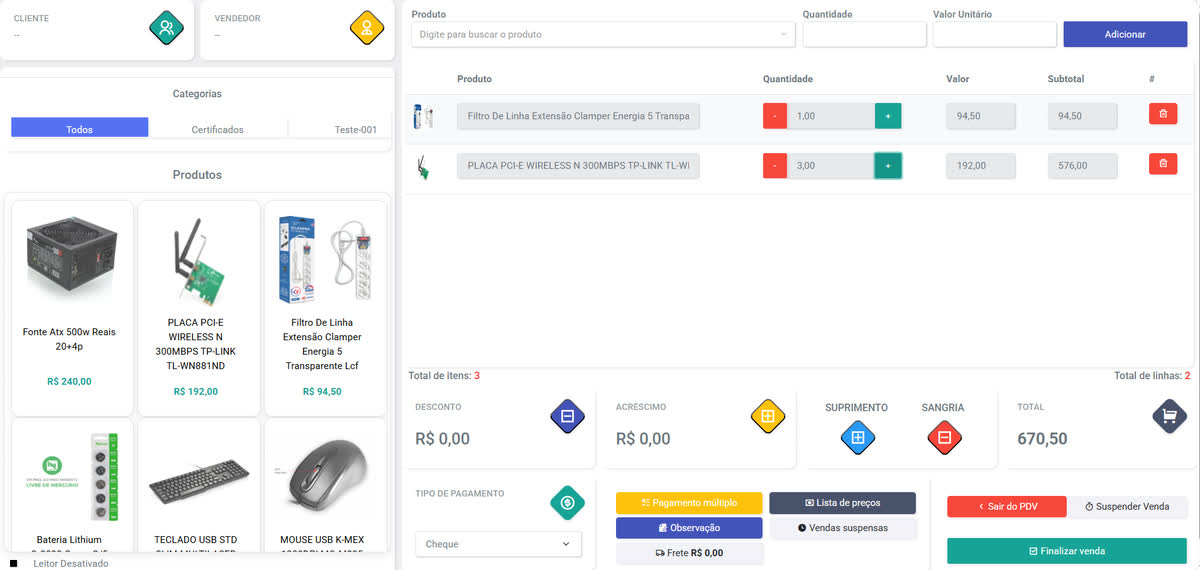 PDV Web do SE Cloud: catálogo de produtos com foto à esquerda, itens da venda com quantidade e subtotal à direita, e os botões de desconto, acréscimo, suprimento, sangria e finalizar venda.