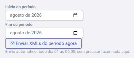 Tela do SE Cloud para enviar os XMLs de um período ao contador, com o aviso de que o envio automático acontece todo dia 1 às 06:00.